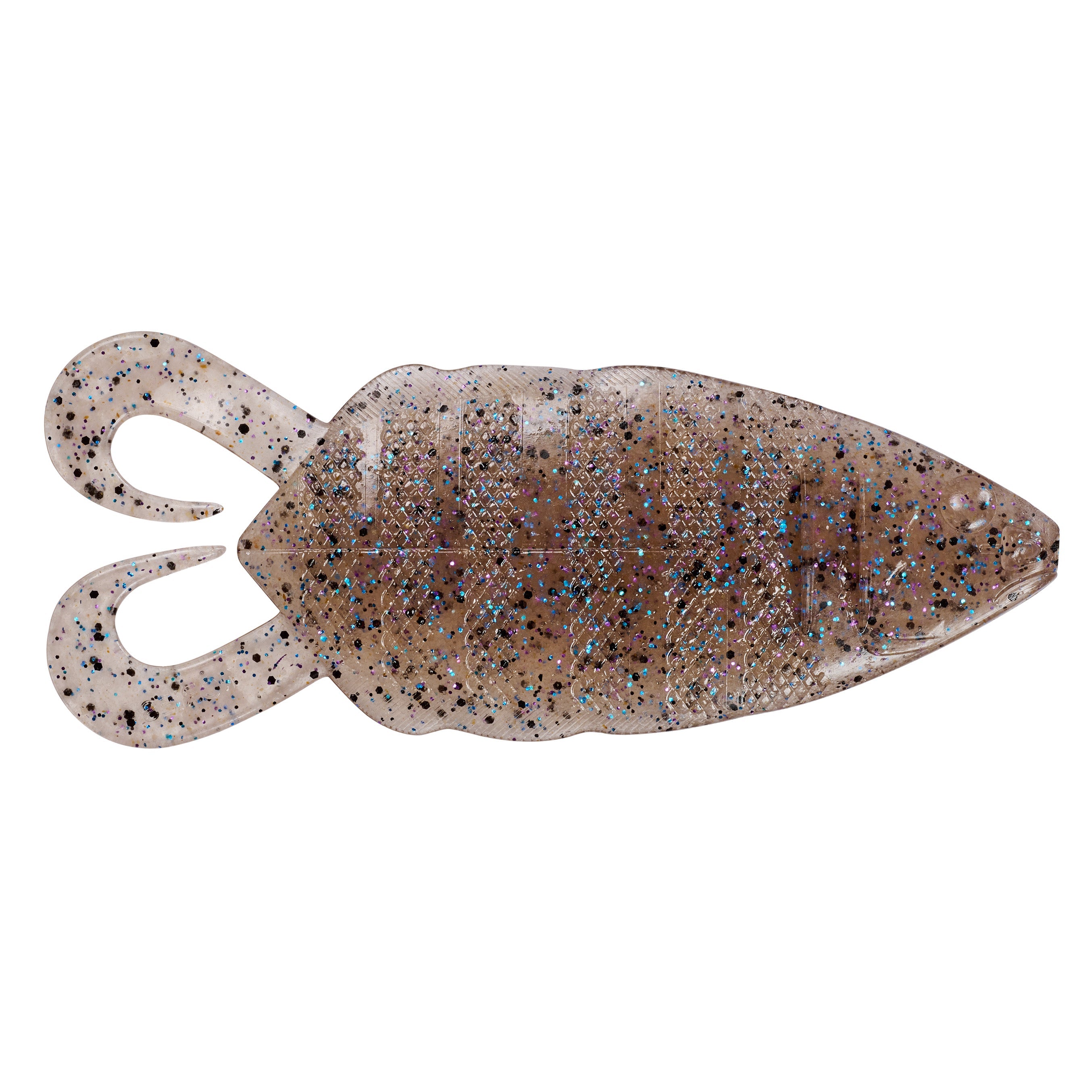 Nories 5" Flip Gill fishing lure in natural bluegill color with a soft, textured body and twin curled tails designed for musky fishing tackle.