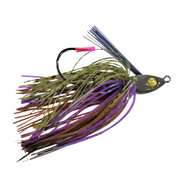 Hayabusa Lil' Schmitty Swim Jig fishing lure with a weed guard, featuring an olive, brown, and purple skirt and a detailed eye for attracting fish in freshwater environments.