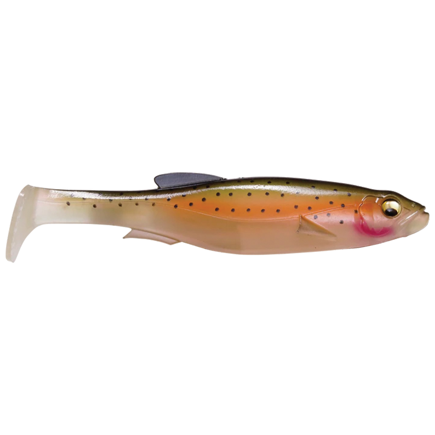 Megabass Magdraft 6" Freestyle soft fishing lure designed to mimic a small fish with natural coloration, a paddle tail for lifelike swimming action, and detailed fins and eyes.