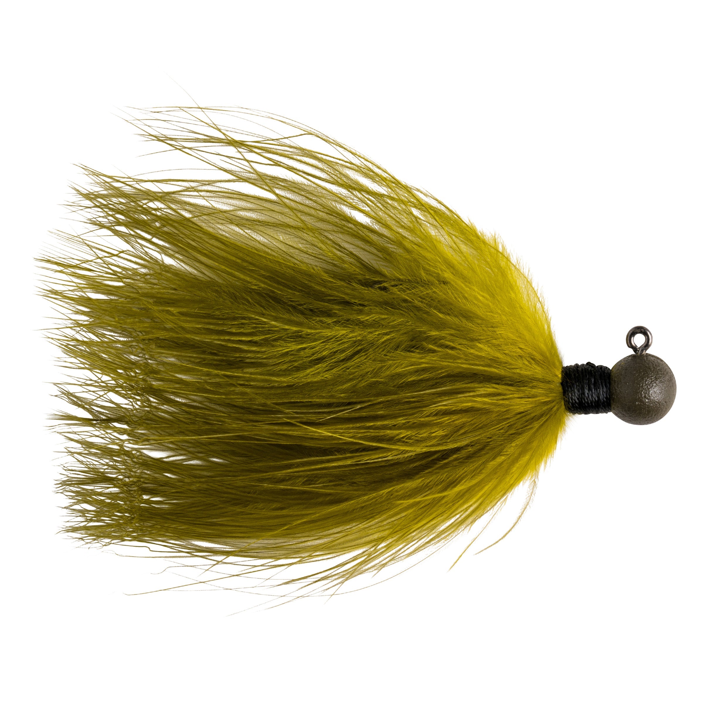 Great Lakes Finesse Marabou Jig featuring olive-colored soft marabou feathers attached to a round jig head, designed for effective fishing lure action and presentation.