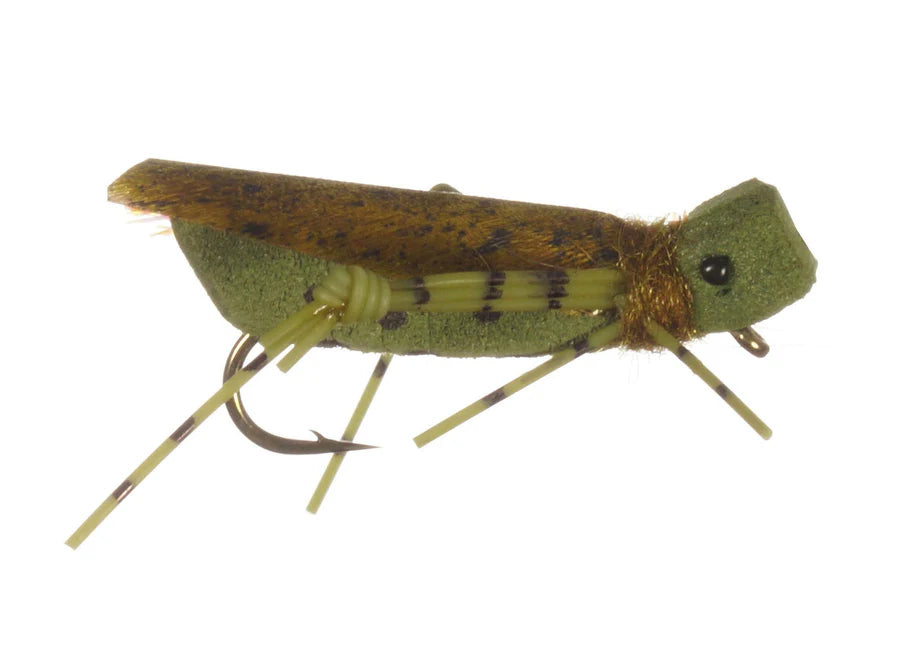 Green and brown foam and rubber artificial fishing lure resembling a grasshopper with detailed legs and a hook, designed as the Grand Hopper for musky fishing.