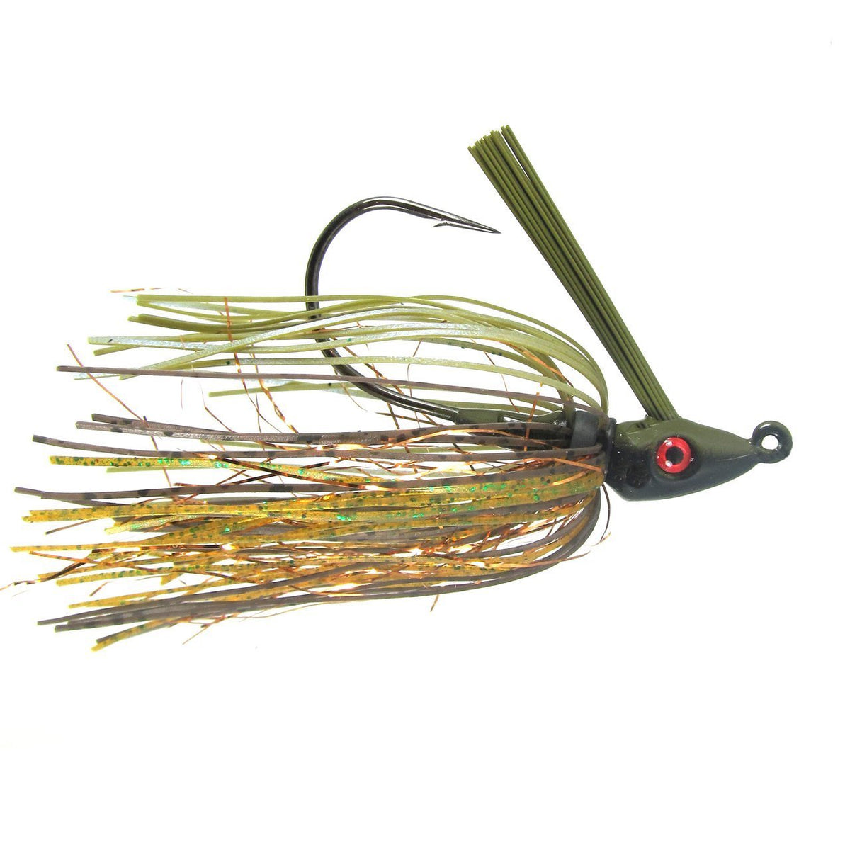 Outkast Tackle Pro Swim Jig Heavy Cover fishing lure with olive green and brown skirt, red eye detail, and a heavy-duty hook designed for bass fishing in dense cover.
