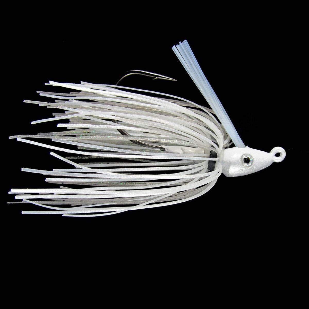 Outkast Tackle Pro Swim Jig Heavy Cover featuring a white and translucent skirt with a sharp single hook and weed guard designed for fishing tackle applications.