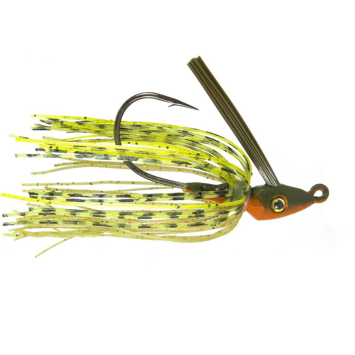 Outkast Tackle Pro Swim Jig Heavy Cover fishing lure with yellow and black speckled skirt, sharp hook, and olive green head designed for heavy cover angling.