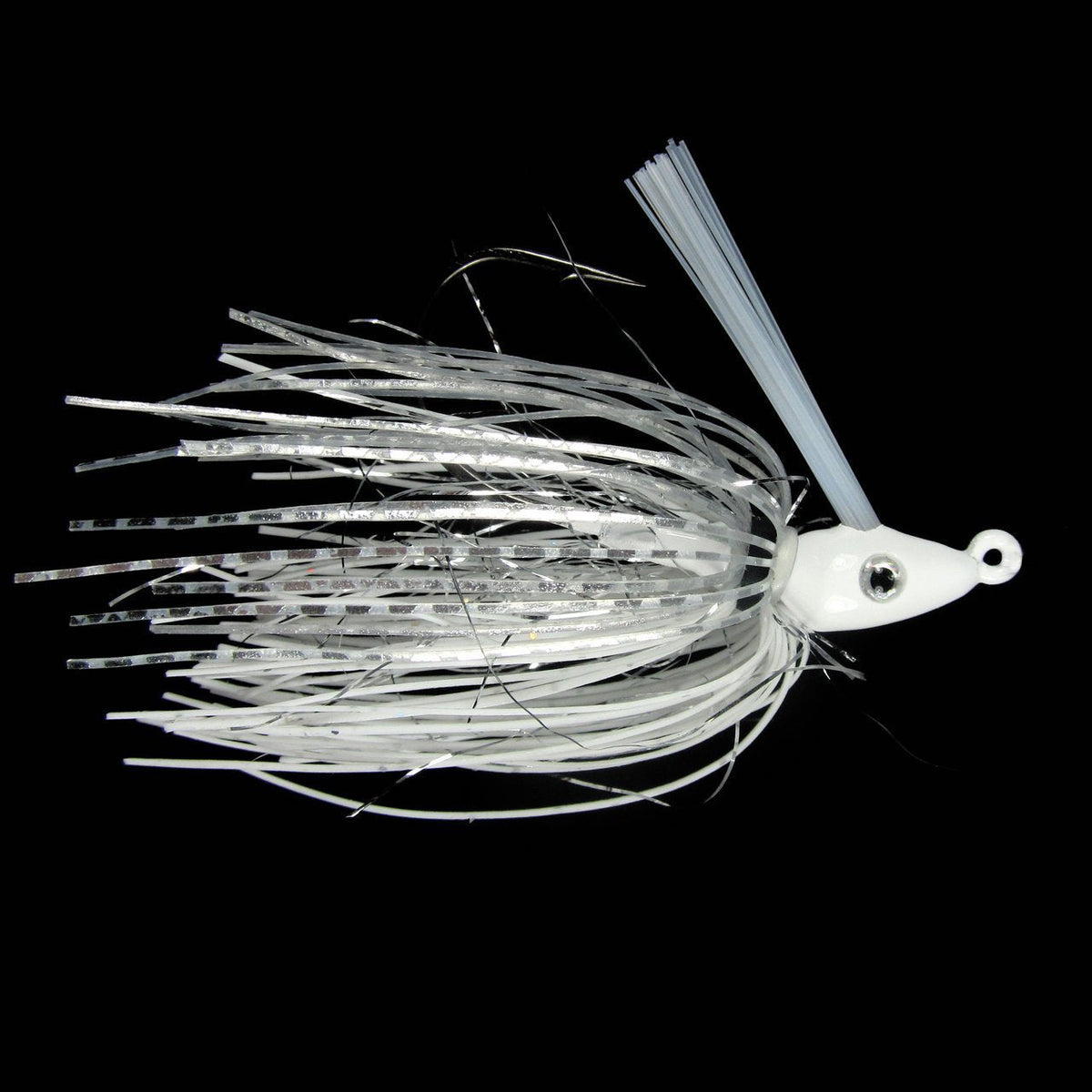 Outkast Tackle Pro Swim Jig Heavy Cover in white and silver, featuring a detailed jig head with reflective skirt strands and a weed guard for fishing tackle use.