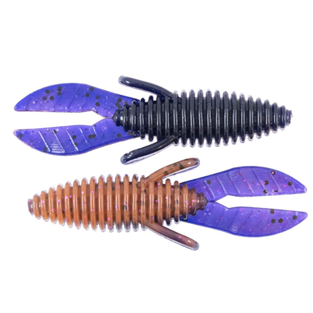 Two soft plastic fishing lures in purple and black and purple and brown colors, designed with ribbed bodies and dual appendages, known as Missile Baits Micro D Bomb for fishing tackle.