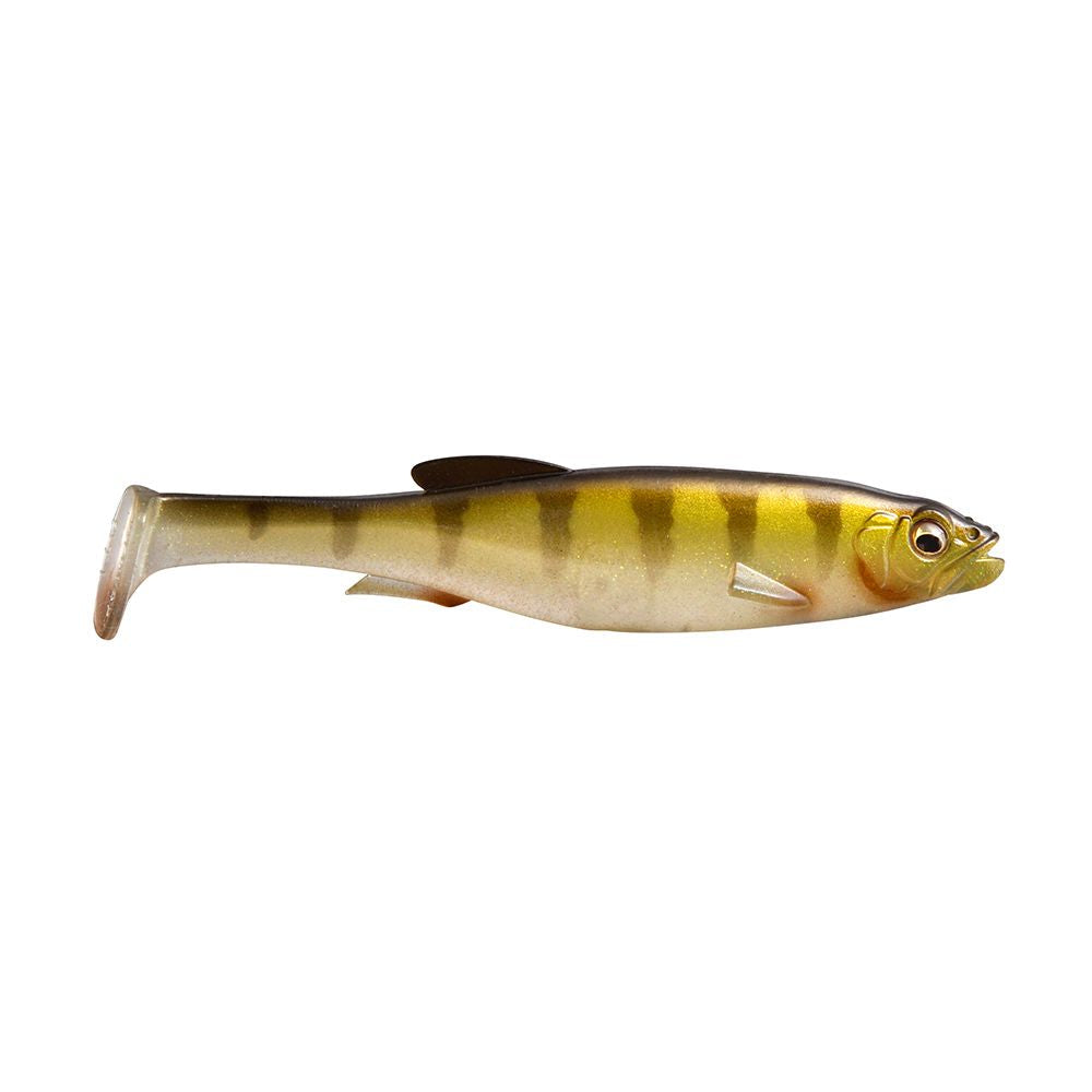 Megabass Magdraft 5" Freestyle soft fishing lure in natural fish colors with detailed stripes and a paddle tail, designed for effective fishing tackle use.