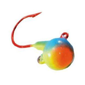 Mission Tackle Short Shank Jig with a round, multicolored head featuring shades of blue, green, and orange, and a sharp red hook for fishing tackle use.