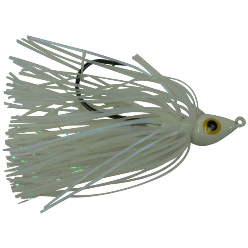 Lethal Weapon II Swim Jig fishing lure with a white skirt, lifelike yellow eye detail, and sharp hook designed for effective freshwater fishing.