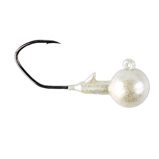 Yum FF Sonar Jig Head featuring a pearl-colored round head and sharp black hook, designed for fishing tackle use in freshwater or ice fishing environments.