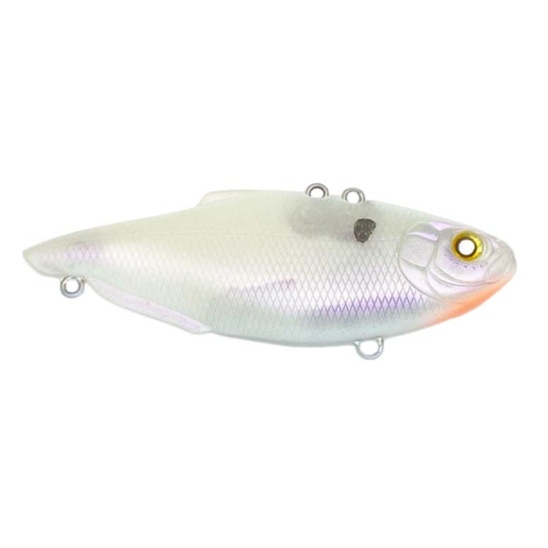 Nishine Lure Works Simcoe 75 Lipless Crankbait fishing lure in pearlescent white with a subtle scale texture, realistic eye detail, and multiple attachment points for fishing tackle use.