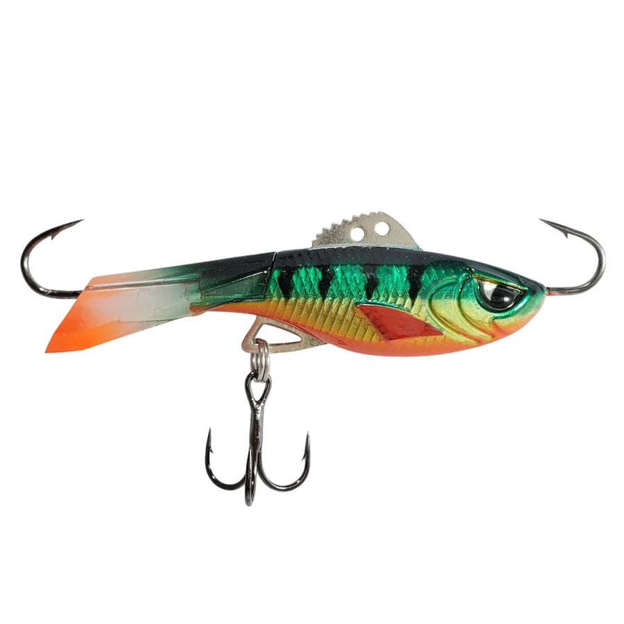 Acme Hyper Rattle fishing lure with green and orange fish design reflective finish dual hooks and treble hook for musky fishing tackle
