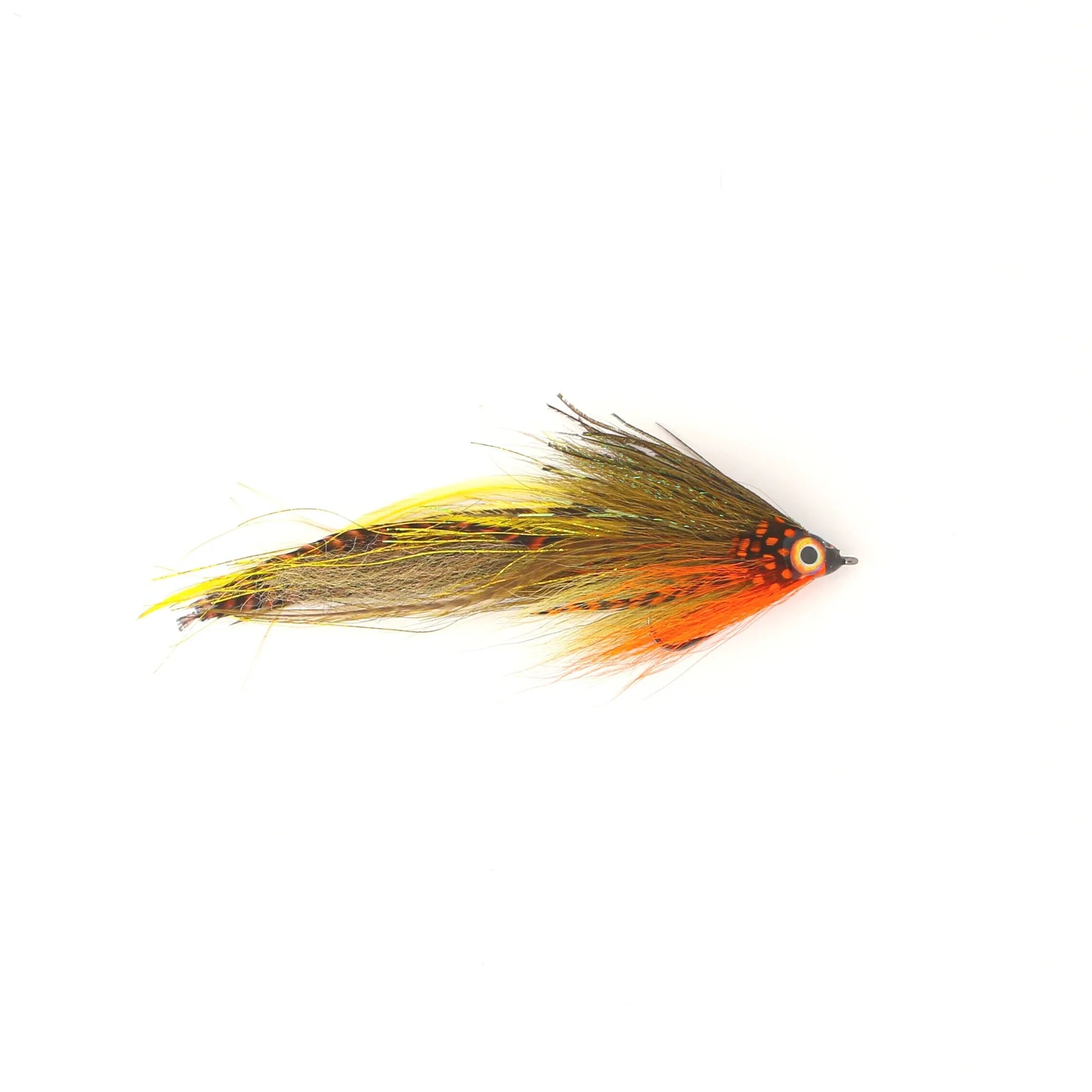 Single Minnow Urban Fly Co. fishing lure with olive, yellow, and orange feathers designed to mimic a minnow for fly fishing and musky tackle.