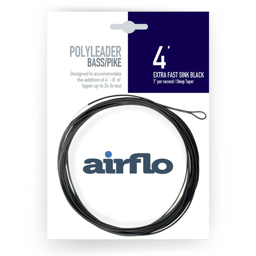 Airflo Polyleaders Bass/Pike 4ft. in extra fast sink black, coiled leader line designed for bass and pike fishing with a 7-inch per second sink rate and steep taper.