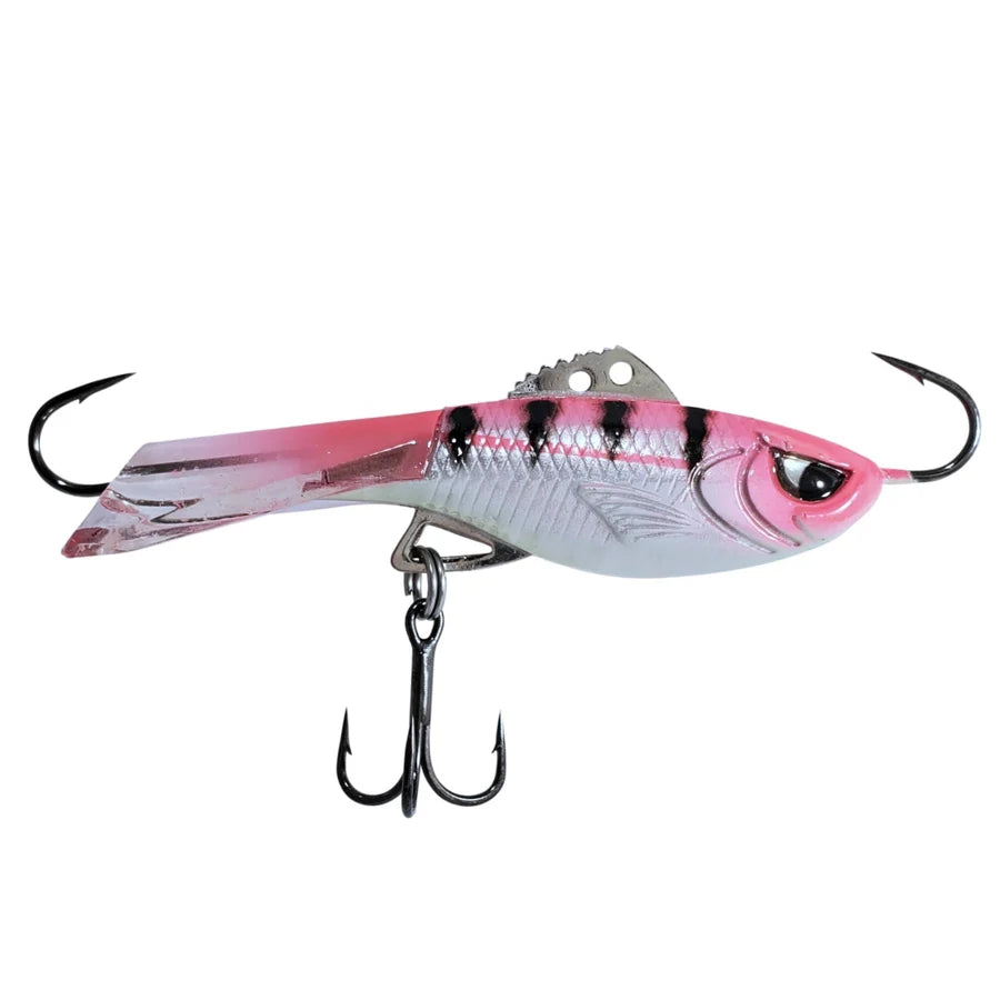 Acme Hyper Rattle pink and silver fishing lure with treble hook and realistic fish eye detail for musky fishing tackle
