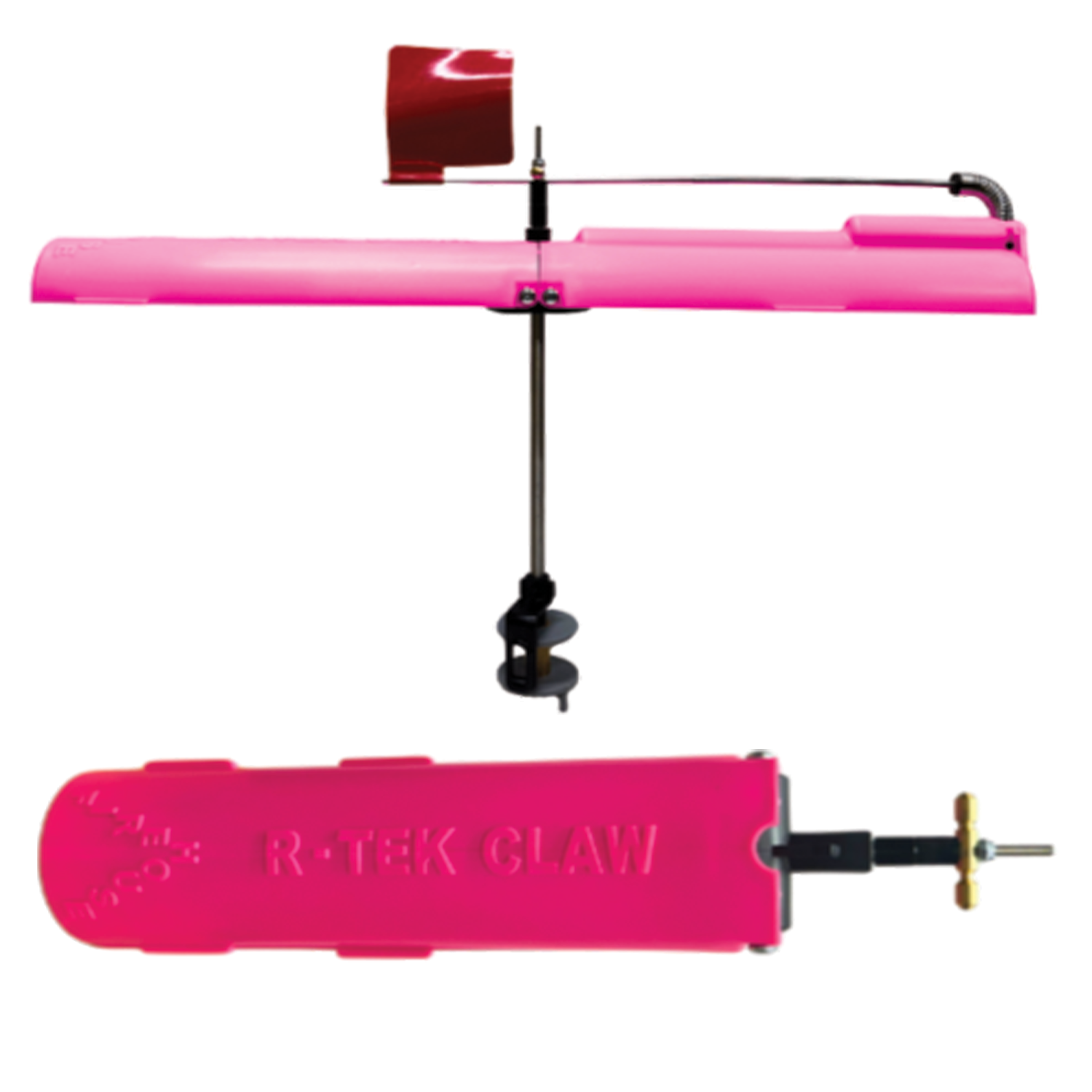 Firehouse R-Tek Tip-Up fishing device in bright pink designed for ice fishing, featuring a rotating red flag and a durable plastic base with an auger for secure ice placement.