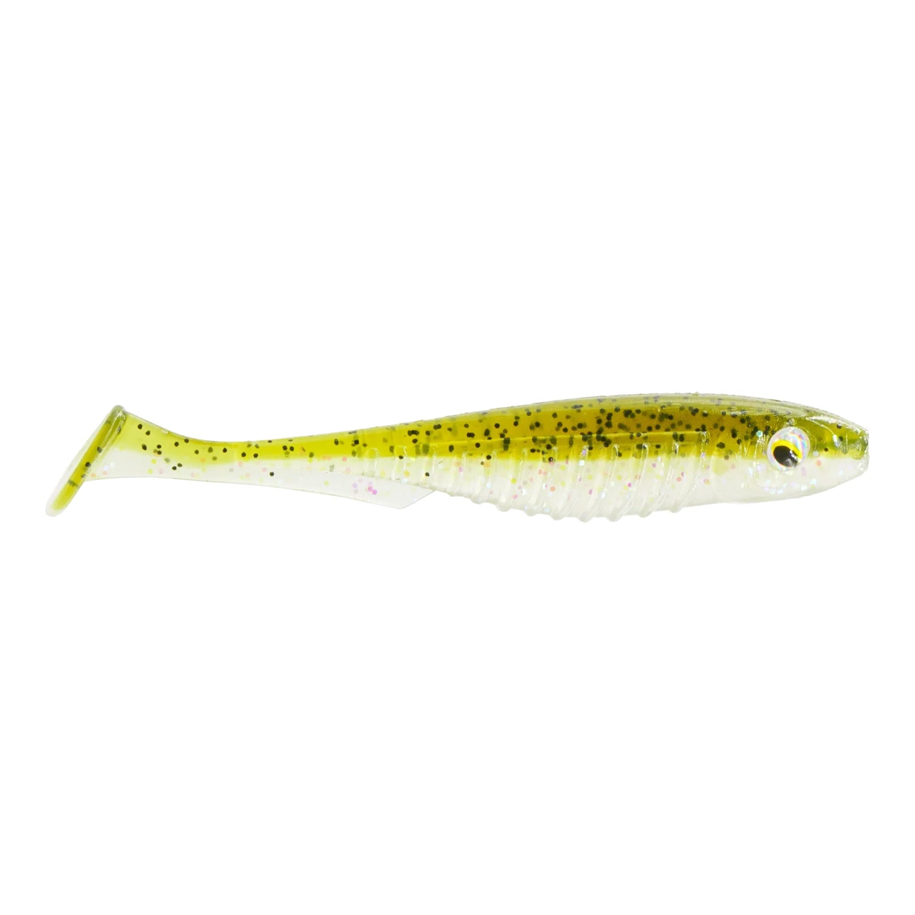 6th Sense Party Minnow 3.0 soft plastic fishing lure in green and yellow with black speckles, designed for freshwater fishing tackle and targeting game fish.