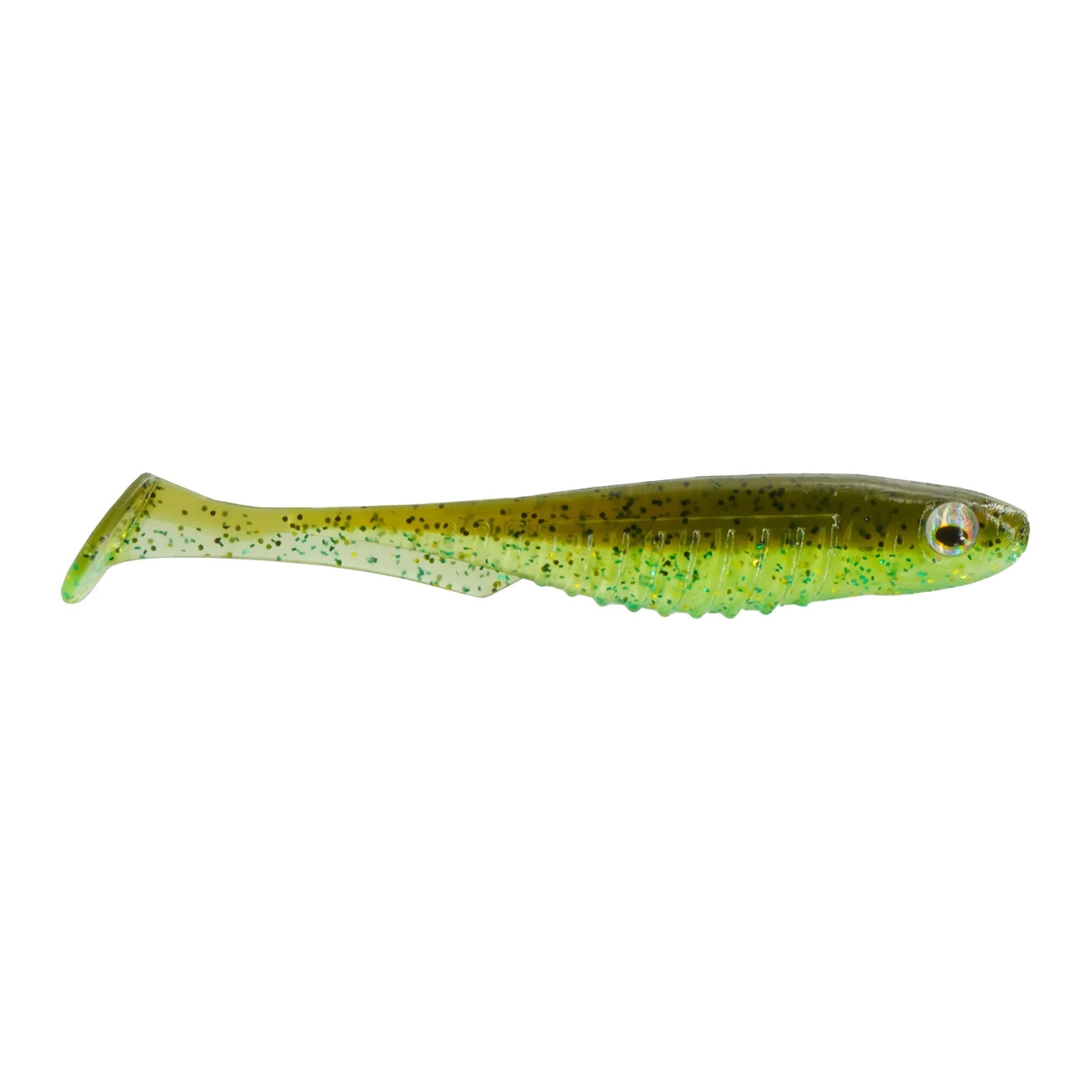 6th Sense Party Minnow 3.0 fishing lure in green and yellow with black speckles, soft plastic body designed to mimic a small baitfish for fishing tackle use.