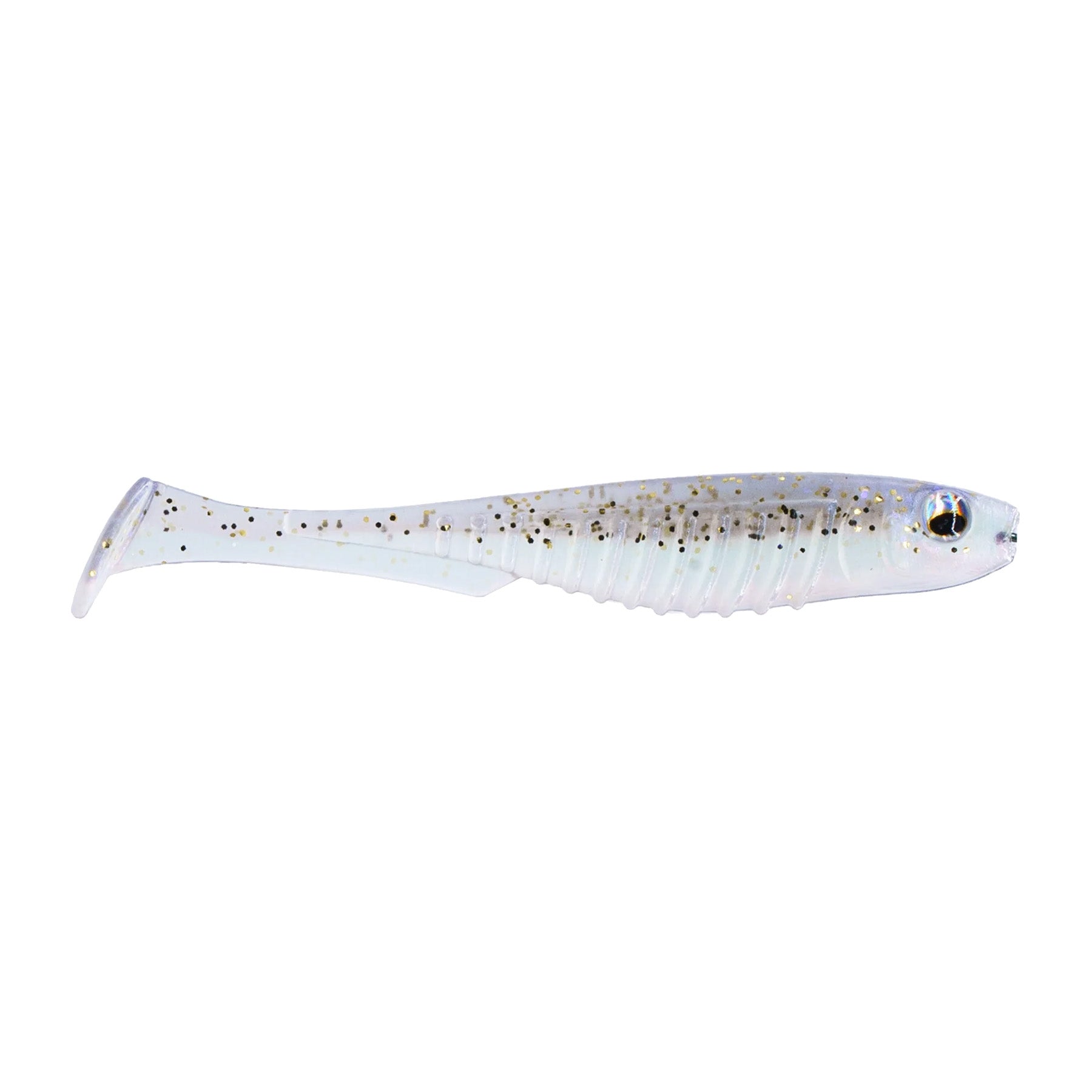6th Sense Party Minnow 3.0 soft fishing lure in translucent white with gold and black flecks, designed for attracting fish with a realistic minnow shape and paddle tail motion.