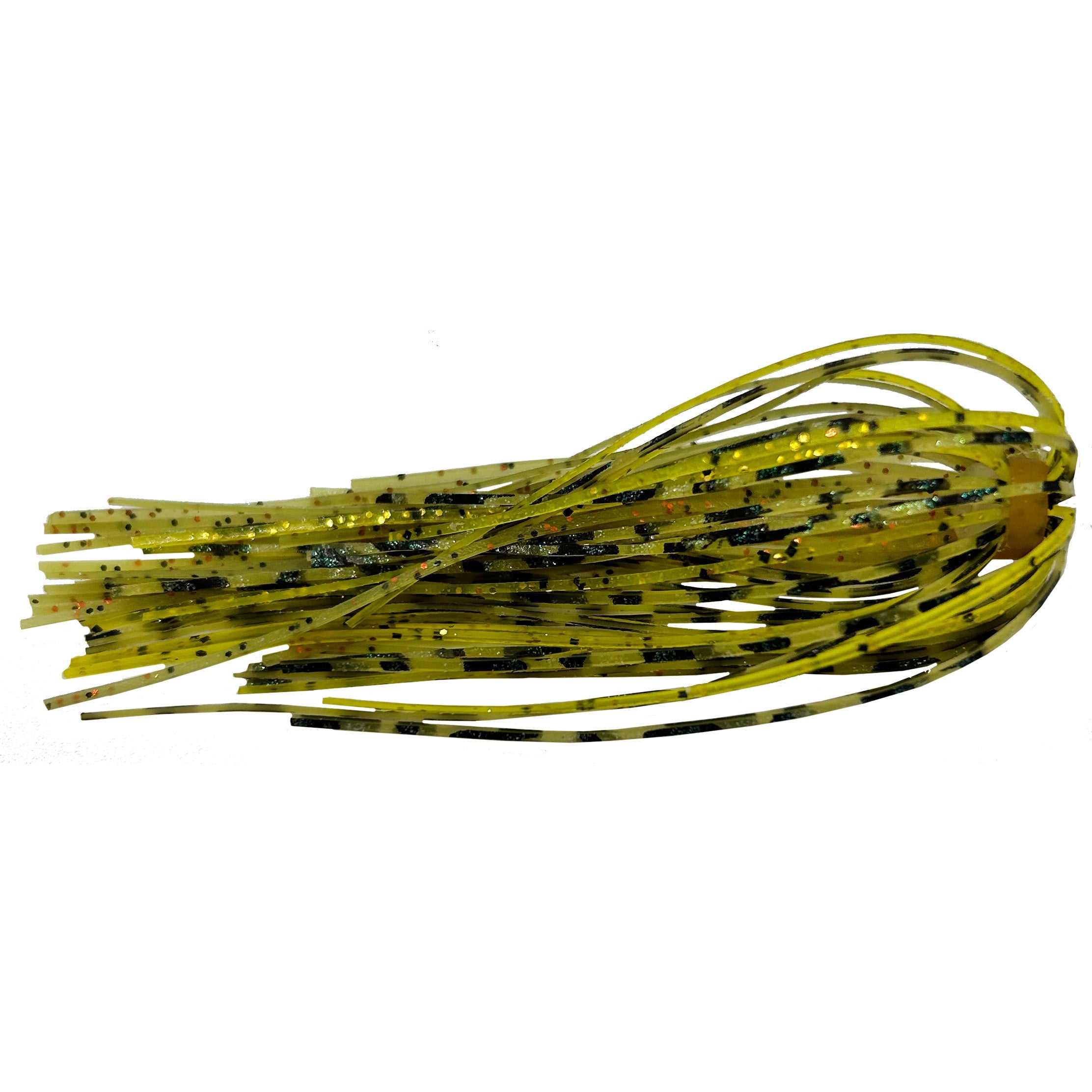 Outkast Tackle Swim Jig Skirts in translucent green with black and gold flecks, designed as fishing tackle to enhance swim jig action for musky and ice fishing.