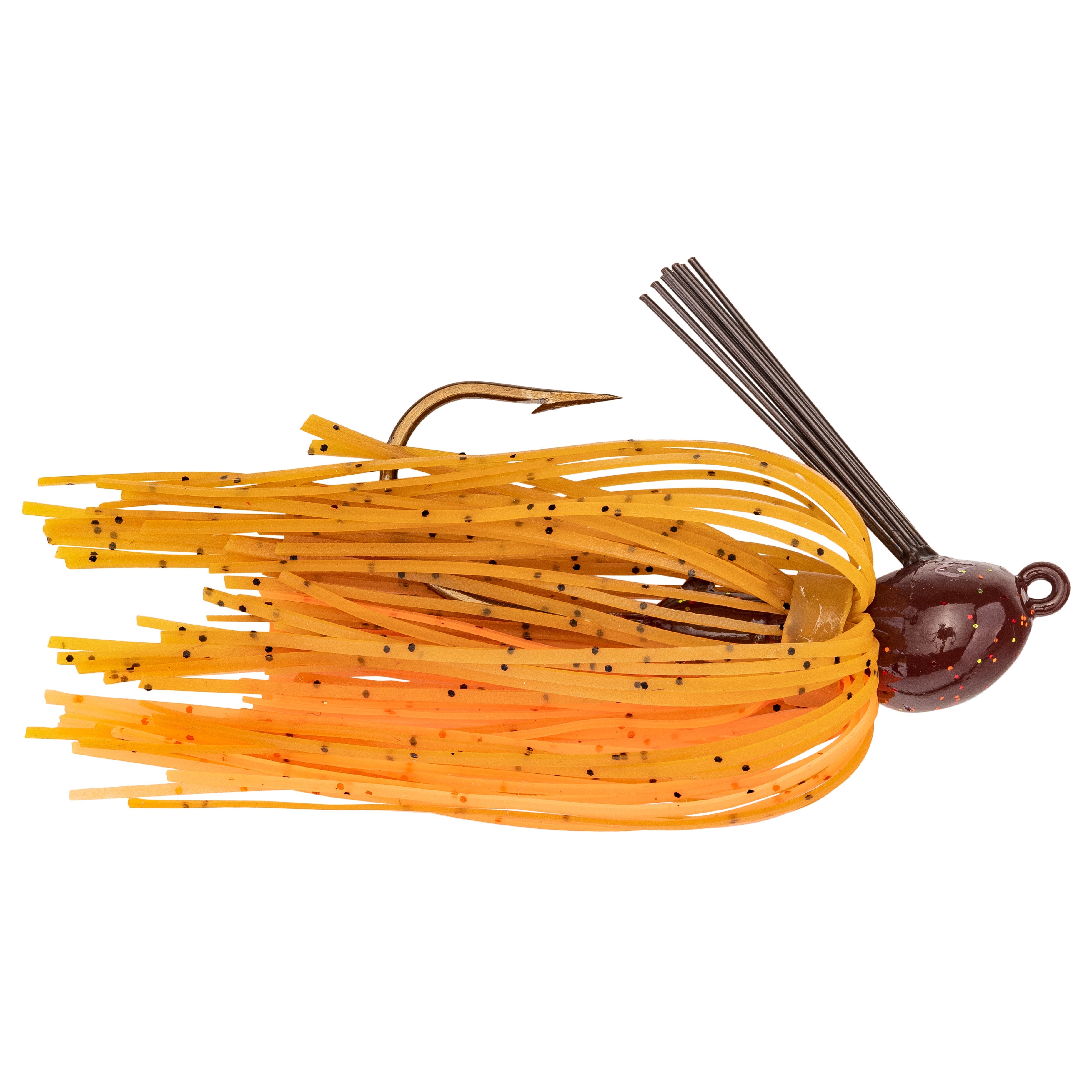 Strike King Bitsy Bug Mini Jig with a dark reddish-brown weighted head and yellow-orange skirt featuring black speckles, designed for fishing tackle use.