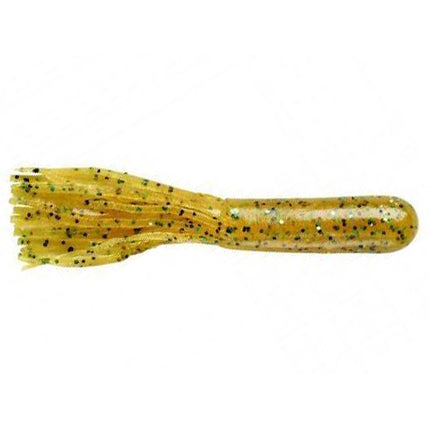 Yum 4" Tube fishing lure in translucent yellow with black and green flecks, designed for musky fishing tackle and effective water movement.