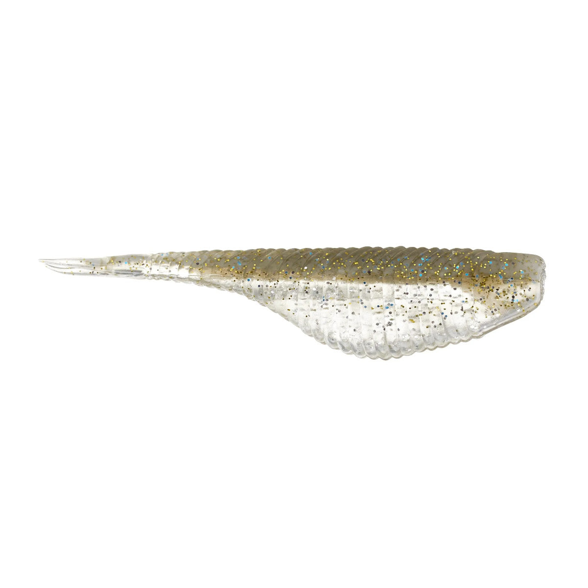 Damiki Fat Armor Shad fishing lure with a translucent body featuring gold and blue flecks, designed to mimic a small baitfish for effective fishing tackle use.