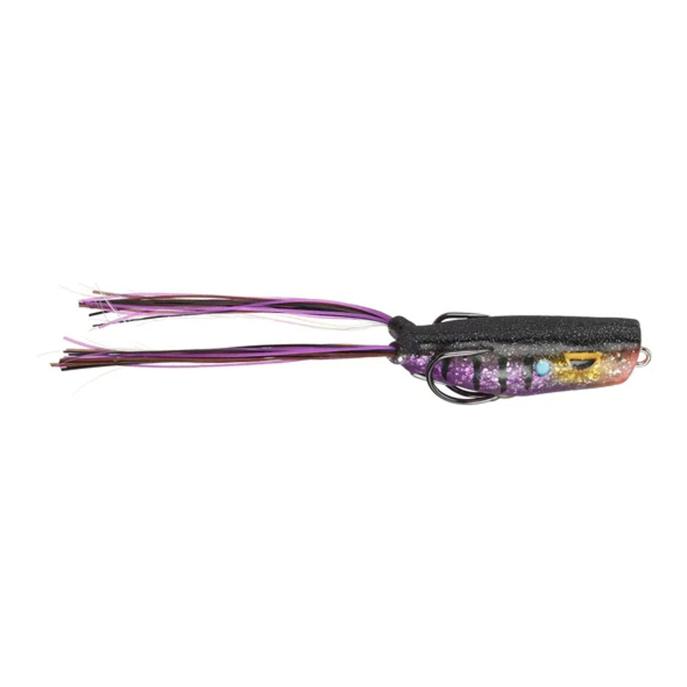 Gambler Lures Popping Frog fishing lure in black and purple with detailed textured body and trailing strands designed for freshwater fishing tackle.