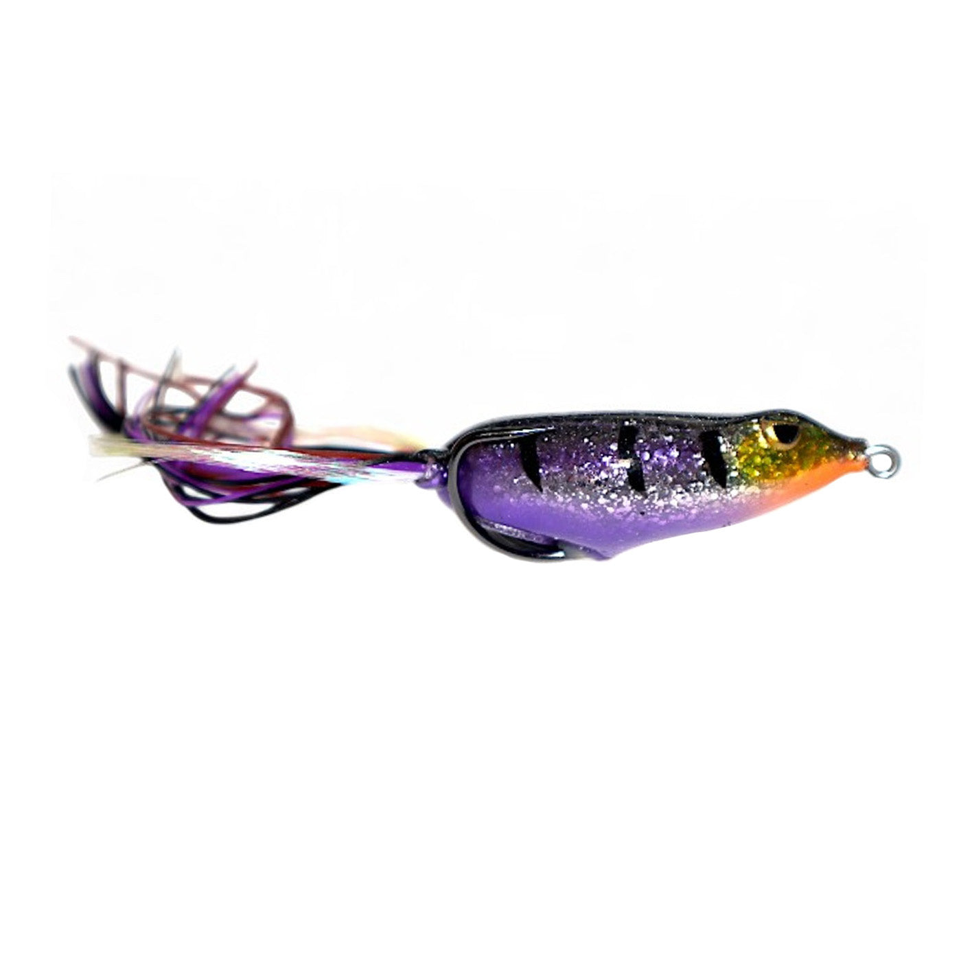 Gambler Lures Walking Frog fishing lure in purple and black with glitter accents and feathered tail designed for effective musky fishing tackle.