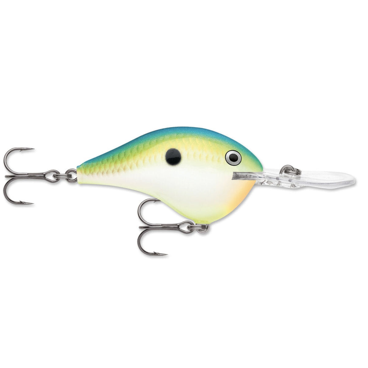 Rapala DT 14 Crankbait in a citrus shad color featuring a blue-green back, yellow belly, two treble hooks, and a clear lip designed for deep water fishing.