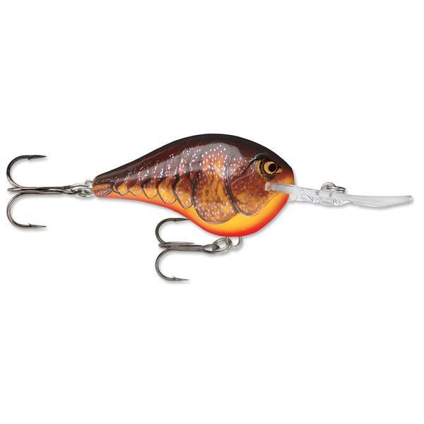 Rapala DT 14 Crankbait fishing lure designed with a deep-water diving lip, featuring a dark brown and orange crawdad pattern and equipped with two sharp treble hooks for effective fishing tackle.