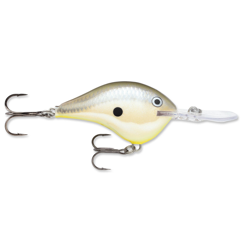 Rapala DT 14 Crankbait fishing lure with a silver and cream body, black spots, and two sharp treble hooks designed for deep water fishing.