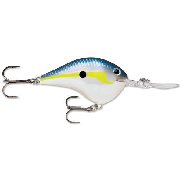Rapala DT 14 Crankbait fishing lure with blue and white body, yellow accent stripe, realistic fish scale pattern, black dot, and two treble hooks for freshwater fishing tackle.