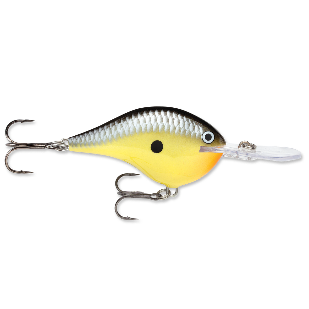 Rapala DT 14 Crankbait fishing lure in yellow and silver with realistic scale pattern, two treble hooks, and a clear diving lip for deep water fishing.