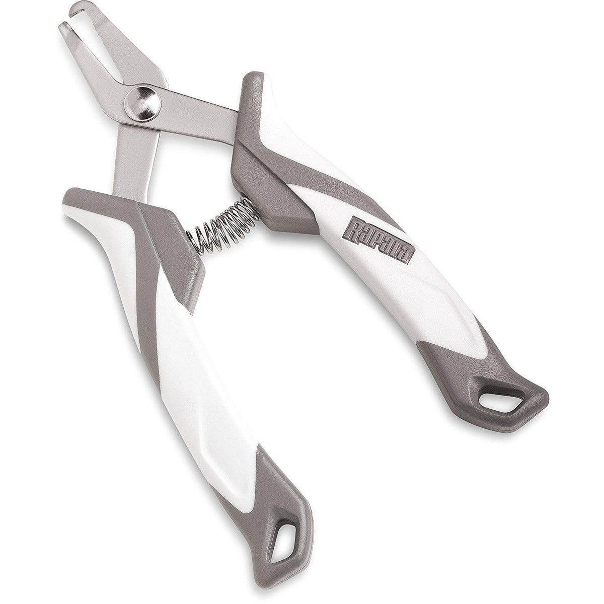 Rapala Split Ring Pliers with ergonomic white and gray handles, designed for opening split rings used in fishing tackle, featuring a spring-loaded mechanism for easy one-handed use.