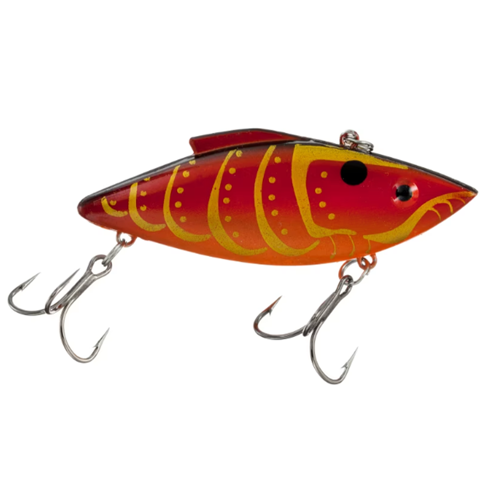 Bill Lewis Rat-L-Trap - Standard fishing lure in red and orange with yellow markings, shaped like a small fish and equipped with two treble hooks for effective fishing tackle use.