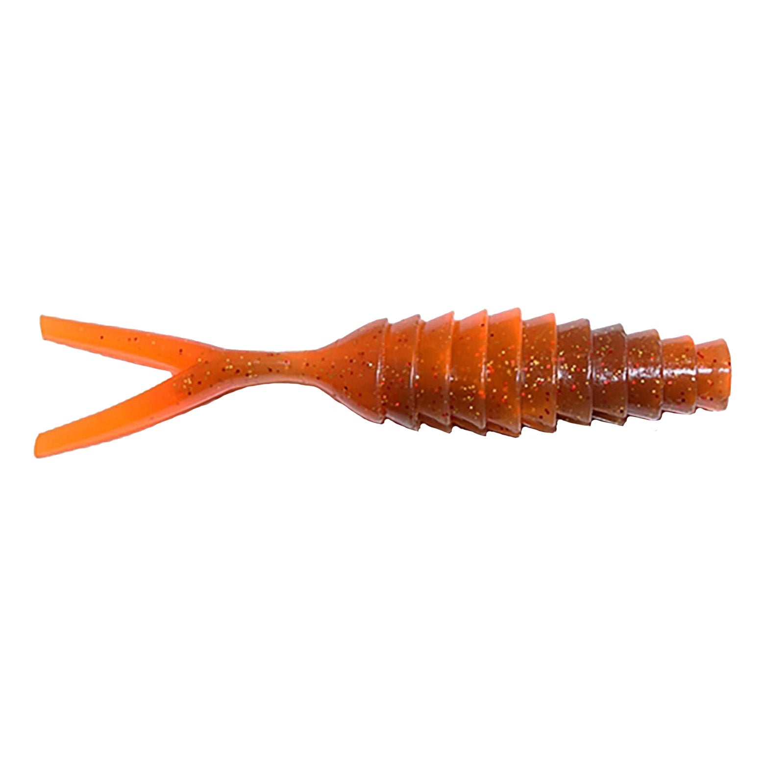 Gambler Lures Komodo Bladed Jig Trailer in a segmented soft plastic design with a forked tail, colored in translucent orange with black speckles, used as fishing tackle.