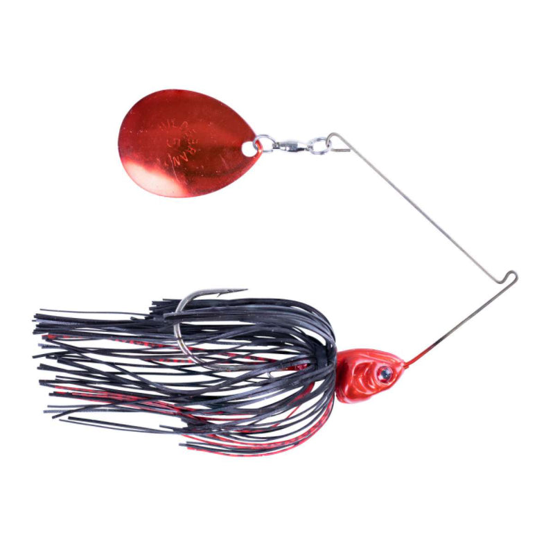 Booyah Covert Night Time Spinnerbait with red and black skirt, metallic red spinner blade, and detailed head design, ideal for fishing tackle enthusiasts.
