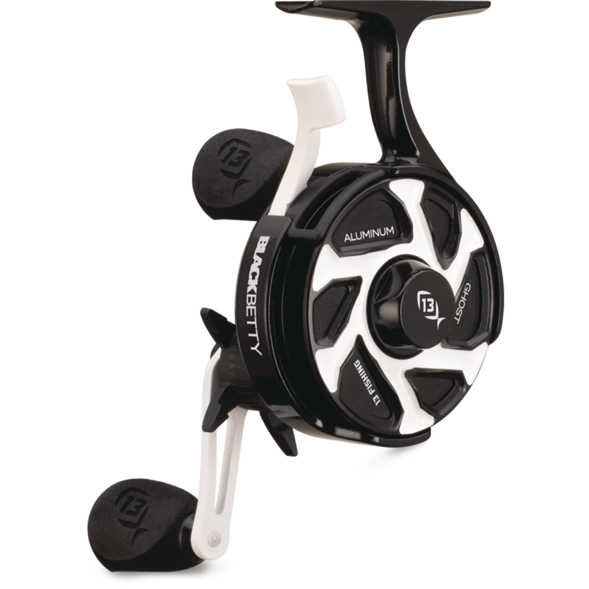 13 Fishing Aluminum Freefall Ghost Reel in black and silver with white handle and foam grip shown against a white background for ice fishing tackle