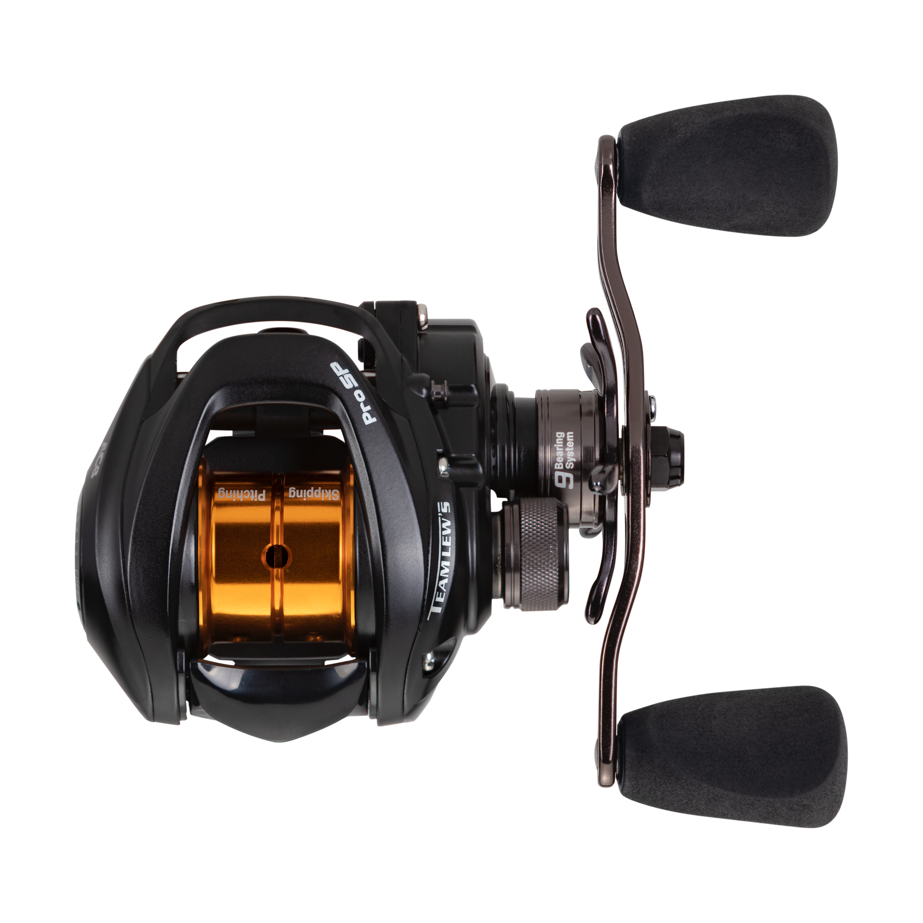 Lew's Pro Skip & Pitch Speed Spool SLP Casting Reel in black and gold with ergonomic handle grips designed for smooth casting and precise fishing tackle control.