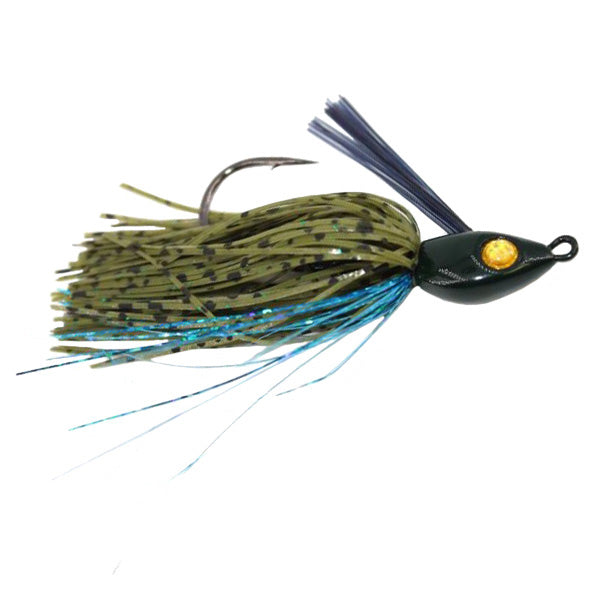 Hayabusa Lil' Schmitty Swim Jig fishing lure with olive and blue skirt, black head, yellow eye detail, and an exposed hook for effective musky and freshwater fishing.