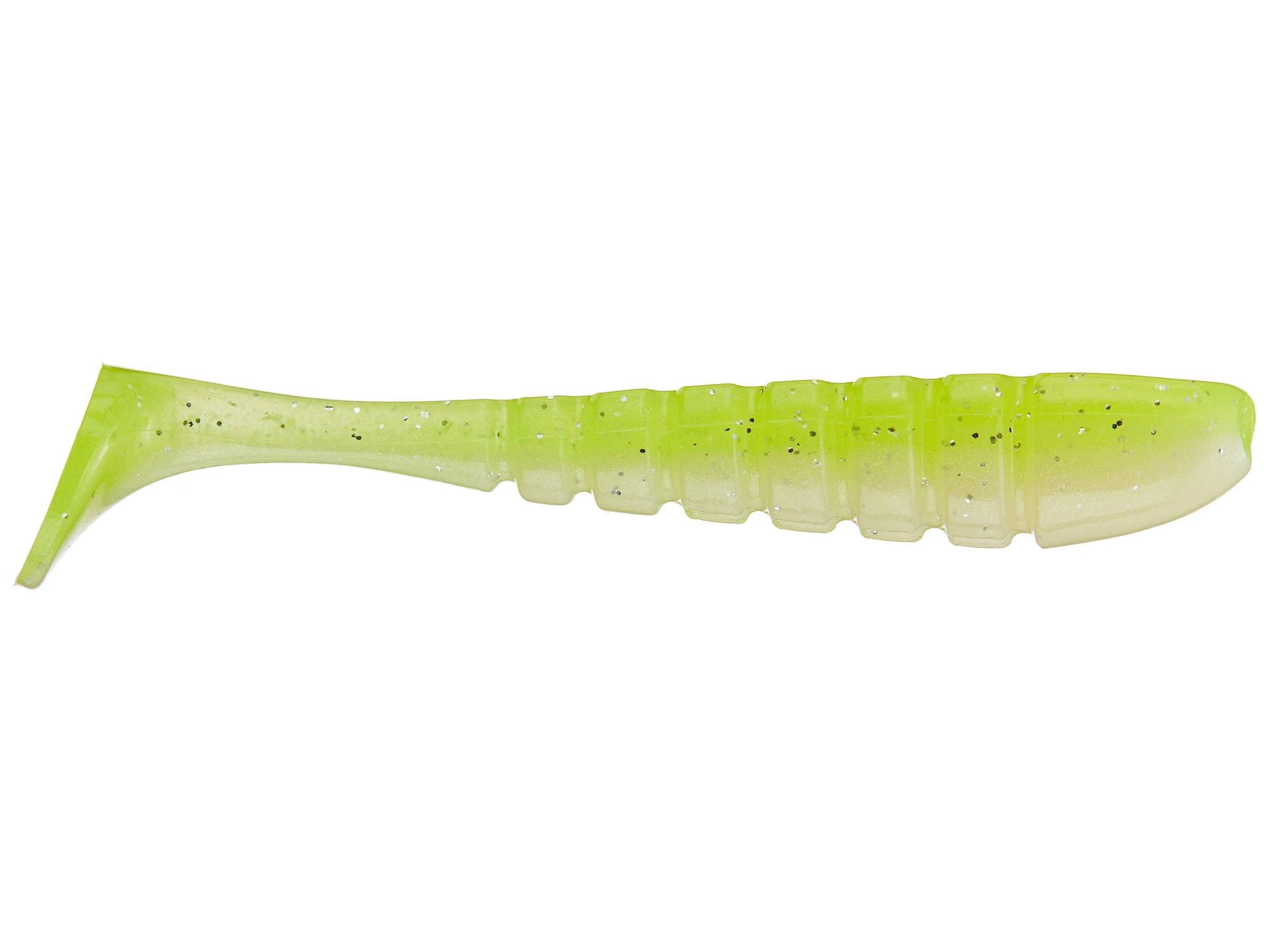 X-Zone Pro Series Swammer in translucent chartreuse with black speckles, soft plastic fishing lure designed for musky and freshwater fishing.