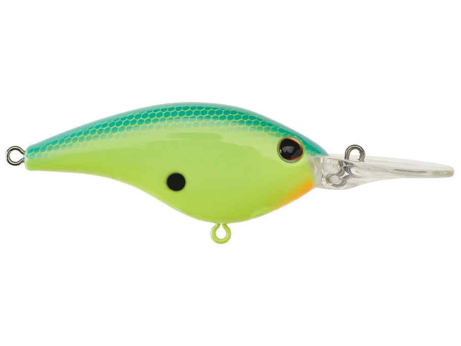 Berkley Frittside 7 Crankbait fishing lure in bright green and blue with a honeycomb pattern on top, featuring a clear diving lip and multiple hook attachment points.
