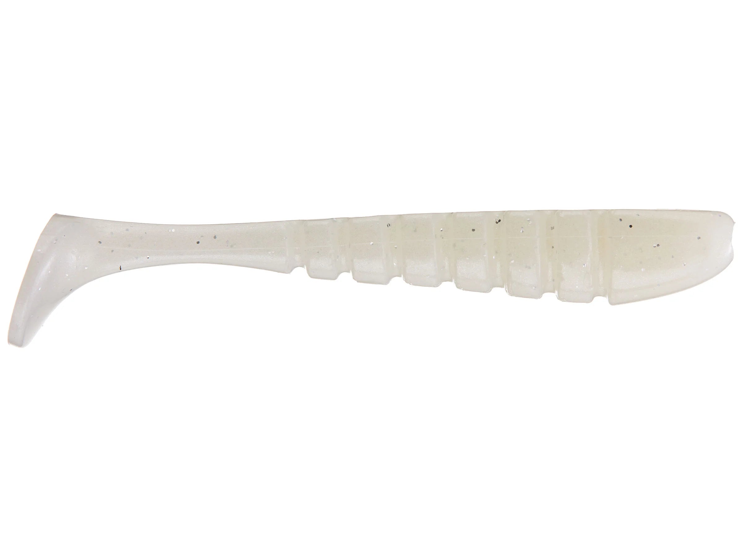X-Zone Pro Series Swammer soft plastic fishing lure in translucent white with ribbed body and paddle tail designed for realistic swimming action in fishing tackle.