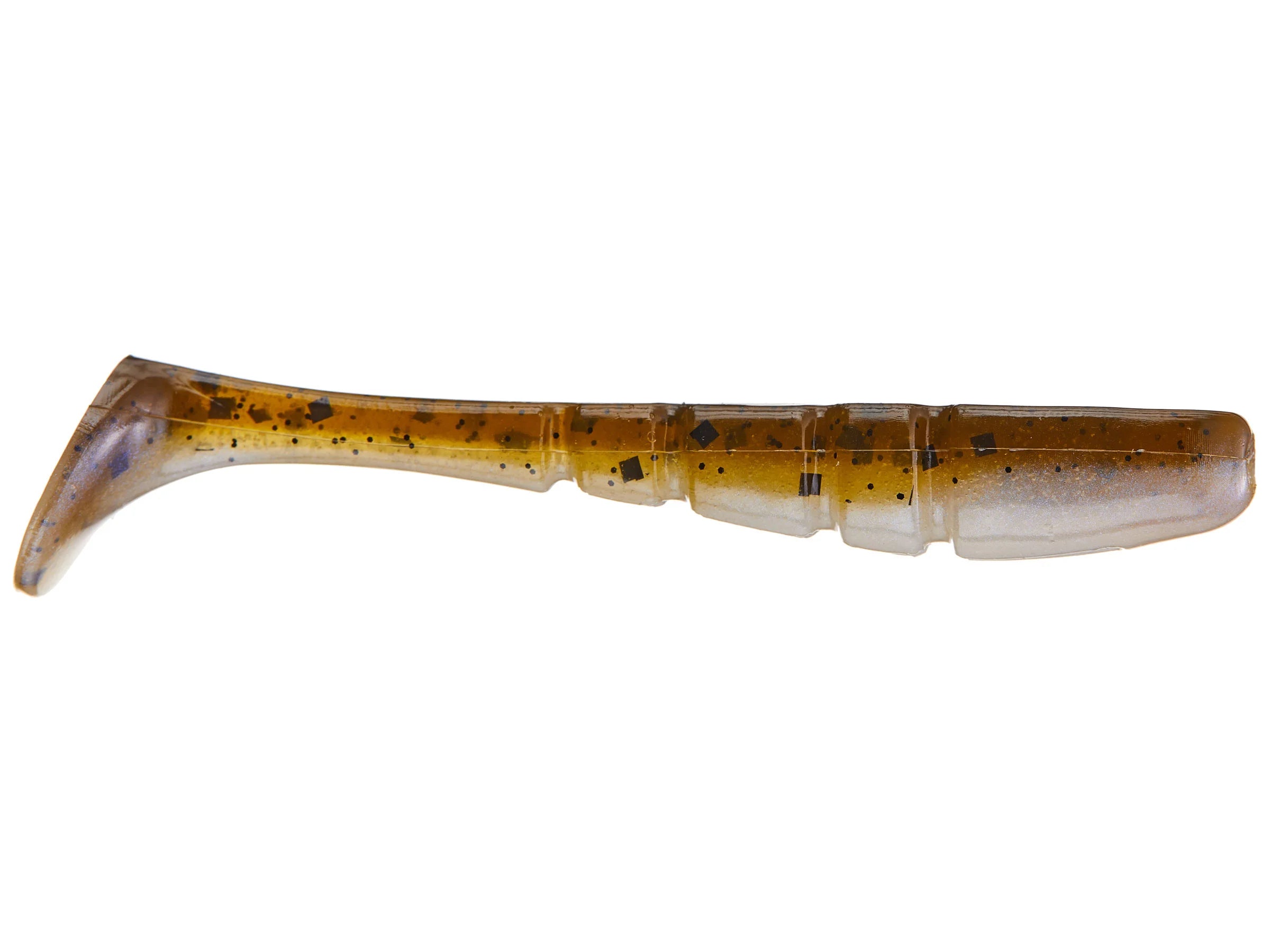 Soft plastic fishing lure in translucent brown and tan with black flecks, designed as the X-Zone Pro Series Swammer for realistic water movement and musky fishing tackle.