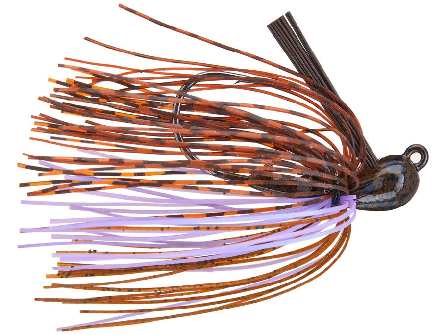 Greenfish Cobb's All Purpose Jig featuring a striped skirt in shades of brown, orange, and lavender with a weighted head and weed guard, designed for fishing tackle use.