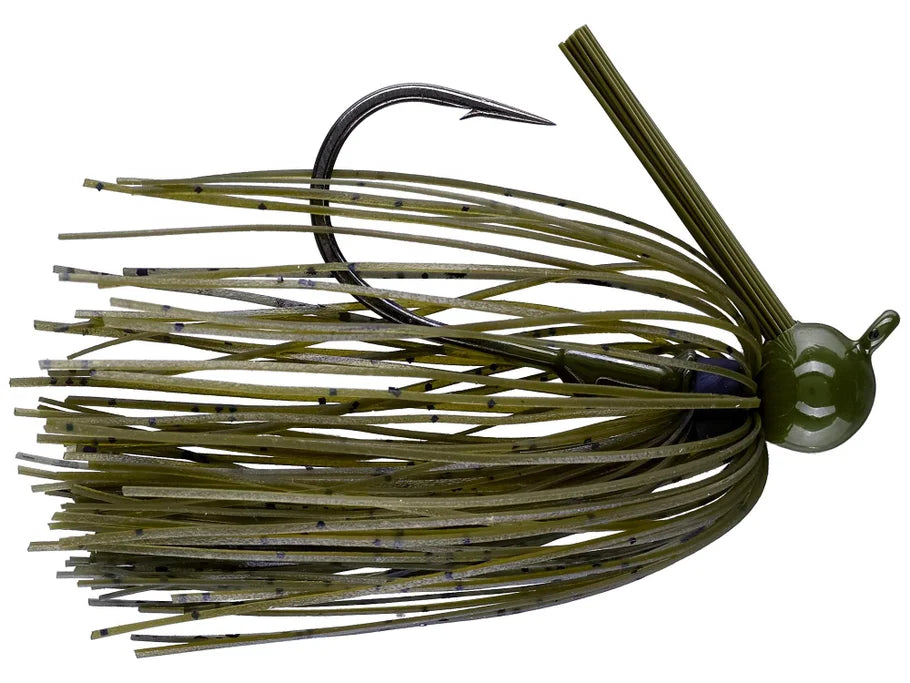 Dirty Jigs Weekender Football Jig with olive green skirt, weed guard, and sharp hook designed for musky fishing tackle and effective lure presentation.