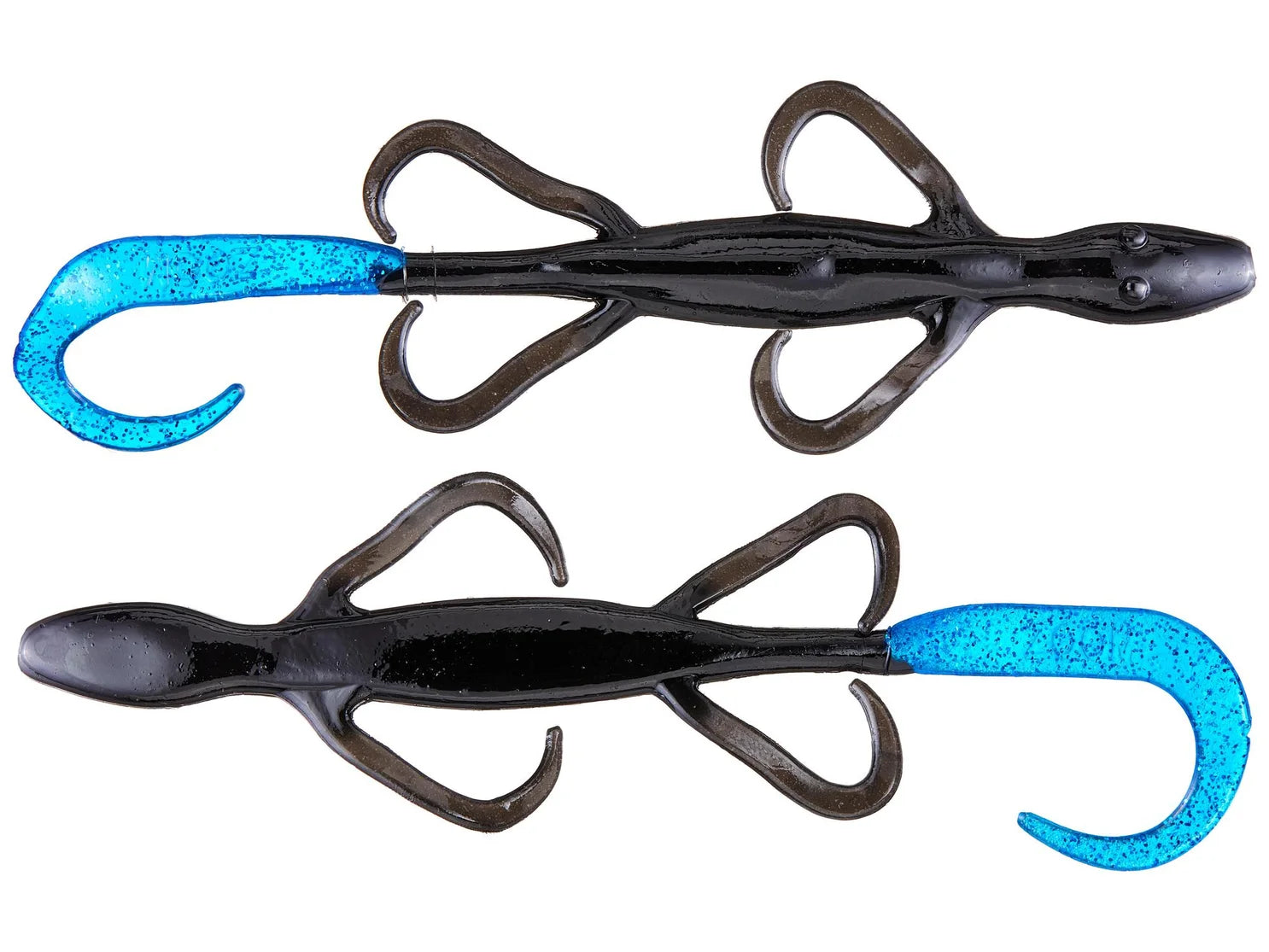 Two black and blue fishing lures shaped like lizards with curved tails, designed as Zoom Bait Company Lizards for fishing tackle use.