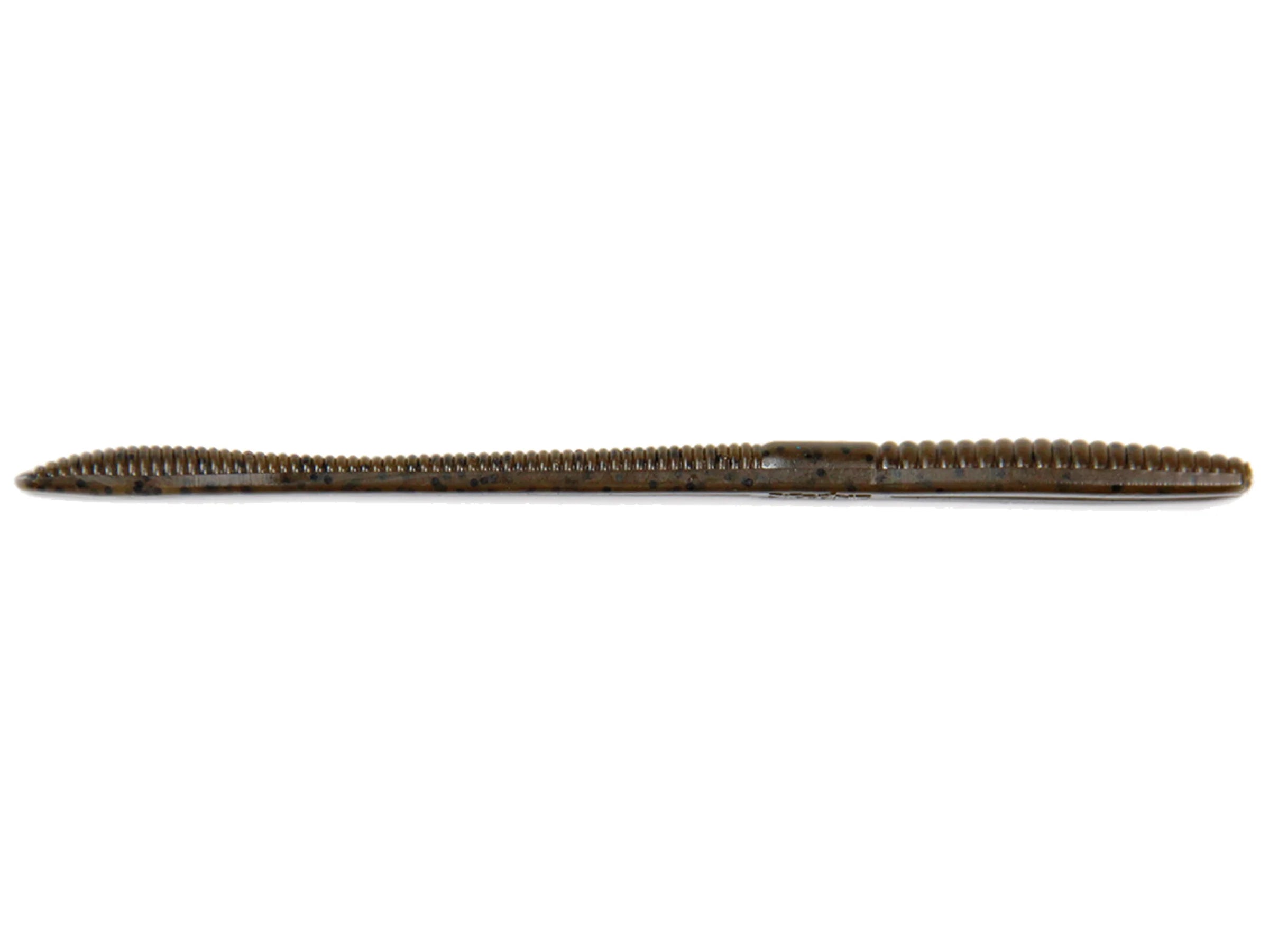 A close-up image of an elongated brown soft plastic fishing lure with segmented ridges along its body, designed for fishing tackle use, identified as the X-Zone Deception Worm.