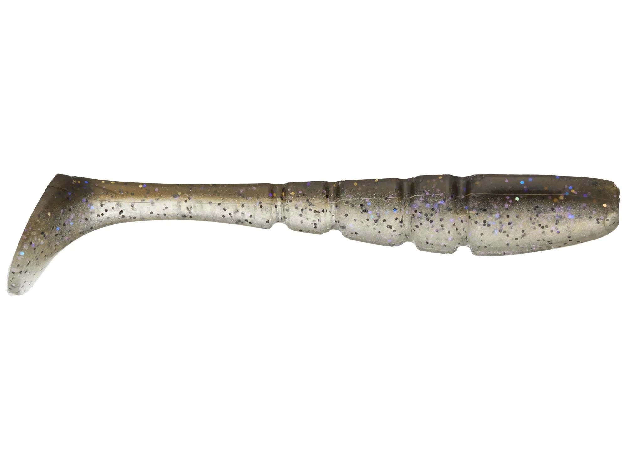 X-Zone Pro Series Swammer soft fishing lure with a segmented body and paddle tail, featuring a translucent olive color with black and blue speckles designed for musky fishing.